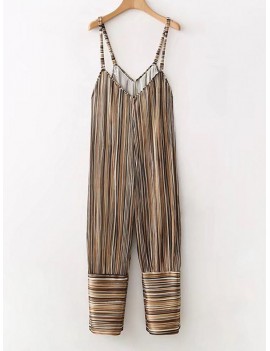 Casual Stripe Spaghetti Strap Loose V-neck Harem Jumpsuits