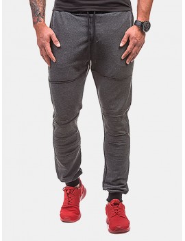 Mens Holes Design Solid Color Drawstring Slim Fit Fitness Jogging Casual Sport Pants