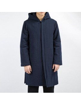 Mens National Cotton Linen Hooded Collar Solid Color Long Sleeve Thicken Coat Casual Midlong Jacket