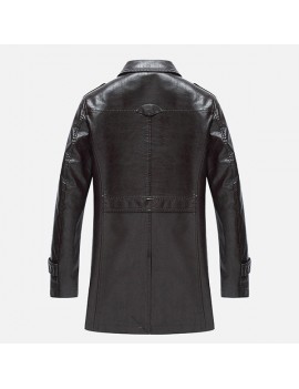 Lapel Collar Solid Color Motorcycle Epaulet Faux Leather Jacket for Men